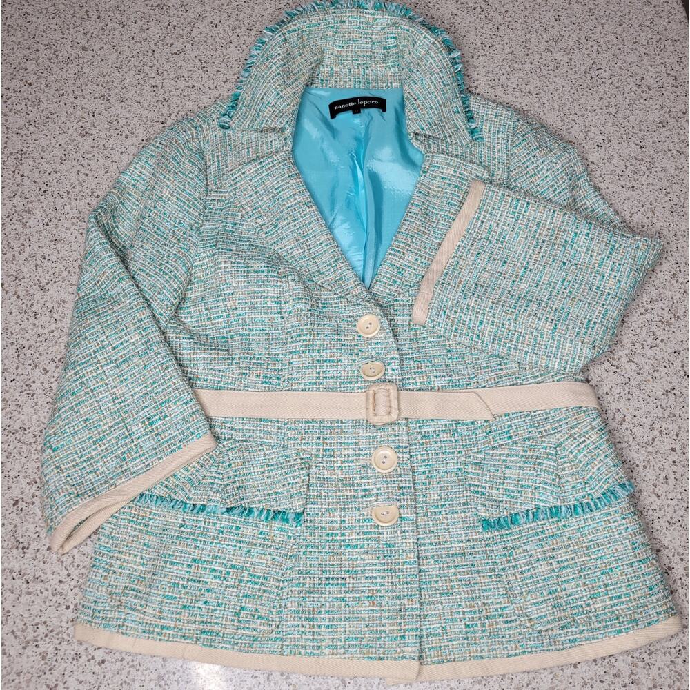 VTG Nanette Lepore Tweed 3/4 Sleeve Turquoise Fringe Jacket Blazer Belt Y2K✨️12